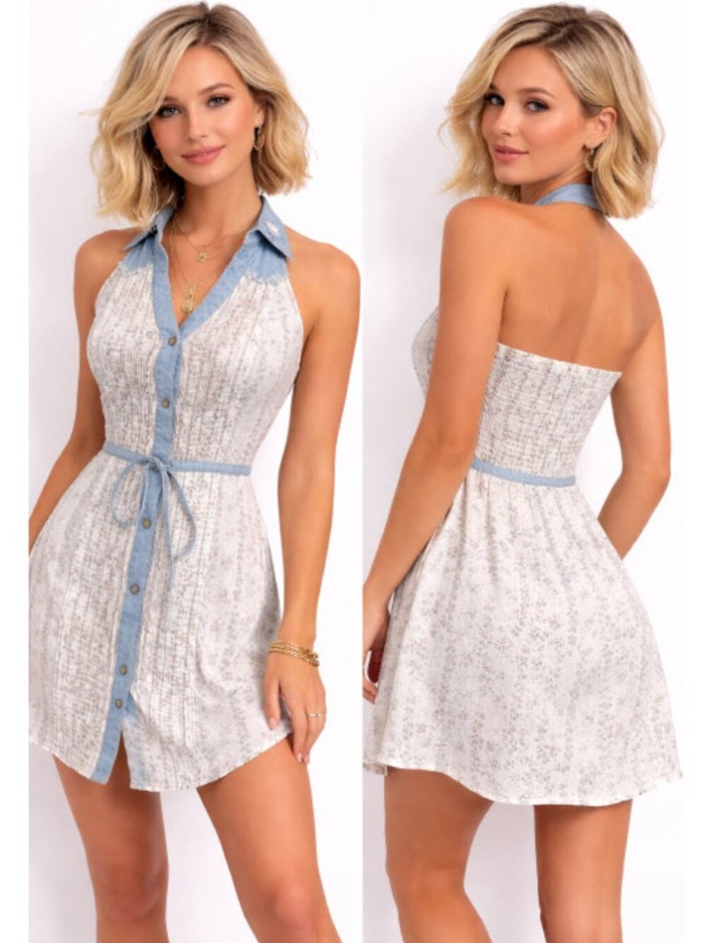Guess Floral Halter Mini Dress Blue White Button Front Tie Size XSmall